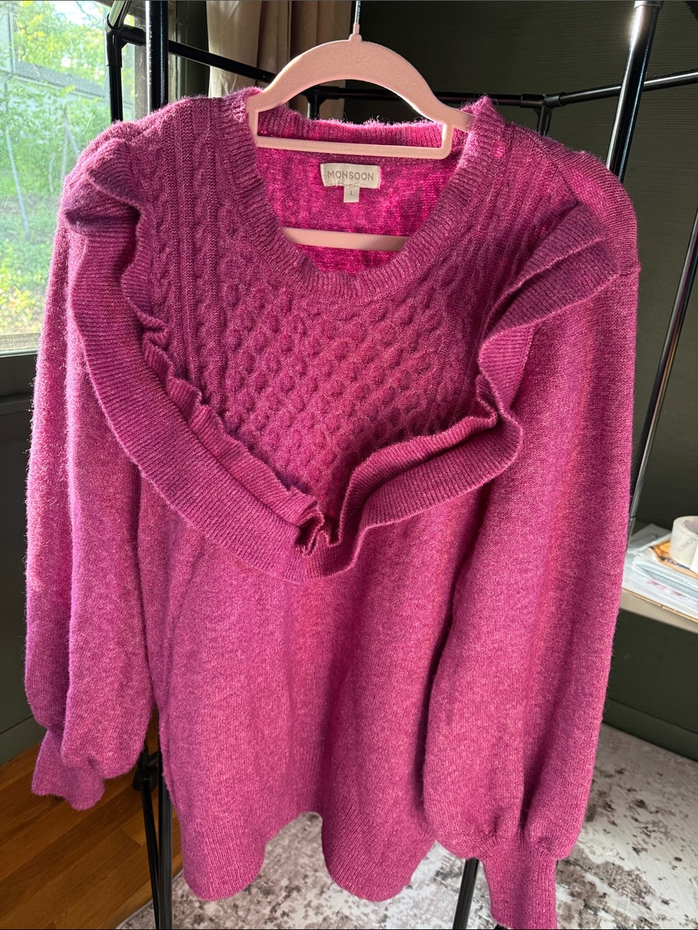 Monsoon Pink Raspberry Cable & Ruffle Detail Sweater